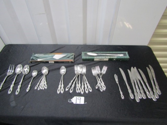 N I B Silver Plated Cake Knife And Serving Spoon And 31 Pieces Of Stainless