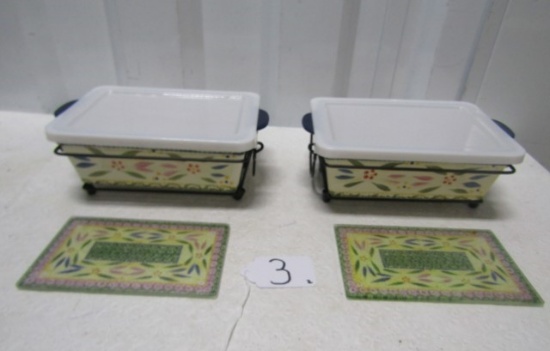 Matching Pair Of 1.5 Quart Casseroles W/ Metal Carrier, Storage Cover And Glass Trivet