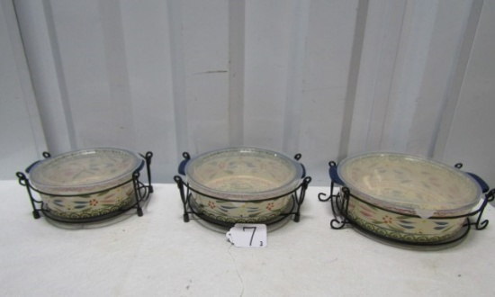 3 Casseroles W/ Metal Carrier And Storage Lids