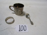 Sterling Silver Lot: Cup, Baby Spoon And Napkin Ring