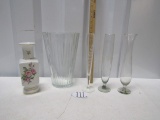 Porcelain Vase, Ribbed Lead Crystal Vase And 3 Etched Crystal Bud Vases