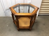 Solid Wood 6 Sided Beveled Glass Top End Table, Made In USA (LOCAL PICK UP ONLY)