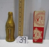 N O S Mid Century Coca Cola Gold Bottle Thermometer W/ Box