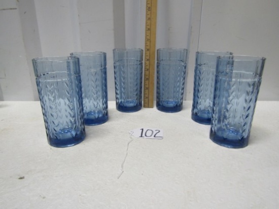Set Of 6 Blue Glass Anchor Hocking Tea Glasses