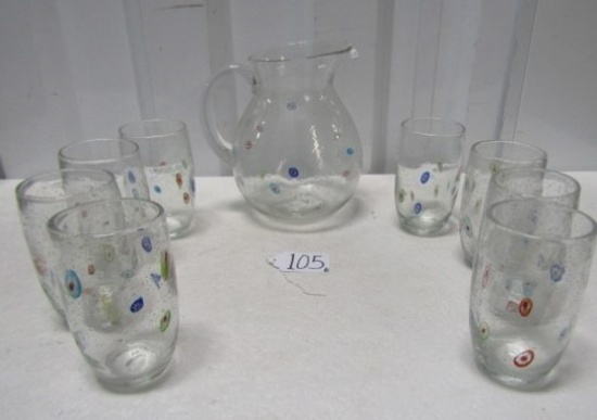 Set Of 8 Blown Glass W/ Lots Of Bubbles Tea Glasses And Matching Pitcher