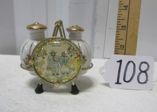 Porcelain Salt And Pepper Shakers W/ A Pennsylvania Dutch Stand