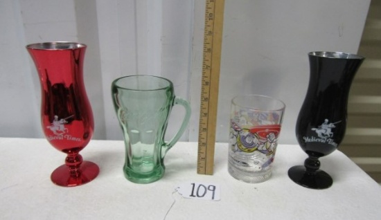 2 Medieval Times Metal Chalices, A Coca Cola Mug And A Disney / Mcdonald's Glass