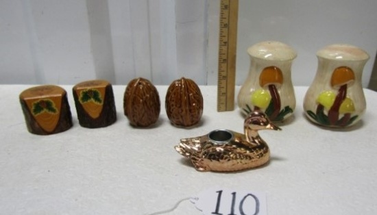 3 Sets Of Vtg Salt And Pepper Shakers And A Metal Duck Candle Holder