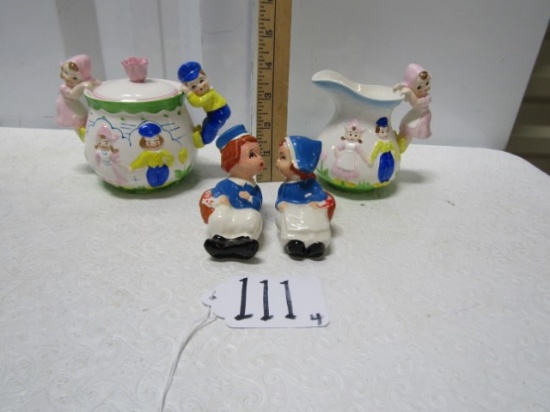 Ceramic Dutch Themed Sugar Bowl, Creamer And Salt And Pepper Shakers