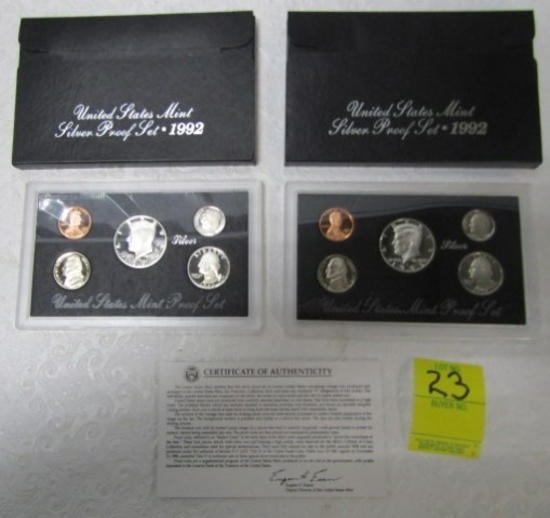 Two 1992 - S United States Mint Silver Proof Sets