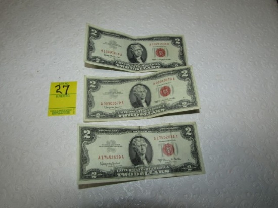 Three 1963 Red Seal 2 Dollar Bills