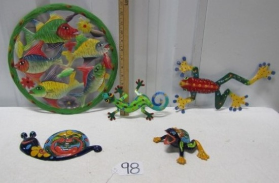 3 Colorful Metal Wall Hangings, A Glass Frog And A Ceramic Snail, Also Very
