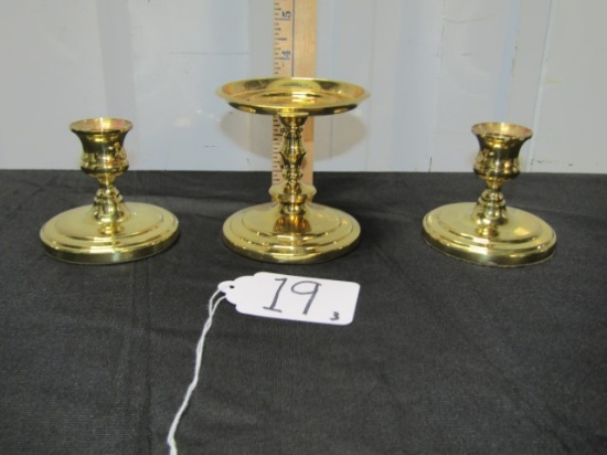 3 Brass Candle Holders, 2 For Stick Candles Are Baldwin Brass And The Pillar