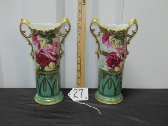 2 Absolutely Beautiful Antique Nippon Vases Decorated In Moriage And