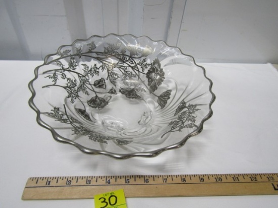 Footed Glass Fruit Bowl W/ Sterling Silver Overlay