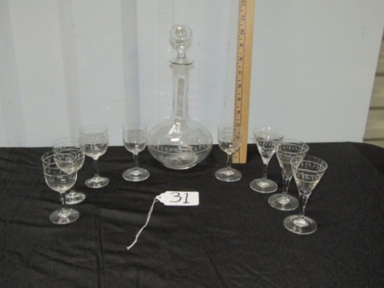 Crystal Liquor Decanter W/ 8 Matching Crystal Glasses