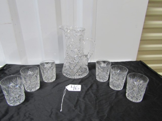Star Of David Cut Crystal Pitcher And 6 Matching Glasses