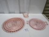 Vtg Pink Depression Glass Hors D'oeuvres Platter, Cake Platter And Bowl