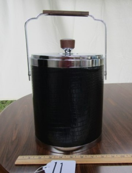 Vtg Kromex Ice Bucket W/ Wood Handles And Faux Alligator Cover
