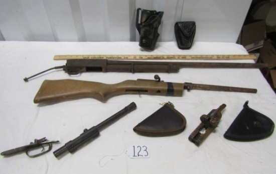 Lot Of Old Gun Parts, A Old Scope, Holsters And Gun Storage Cases (LOCAL PICK UP ONLY)