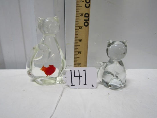 2 Solid Glass Cat Paperweights