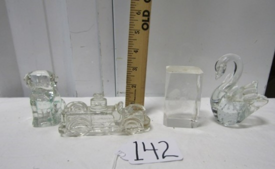 4 Glass Paperweights: Dog, Firetruck, Madonna Etched Paperweight And A Swan
