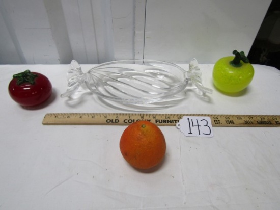 Nice Glass Candy Dish And 3 Glass Fruits