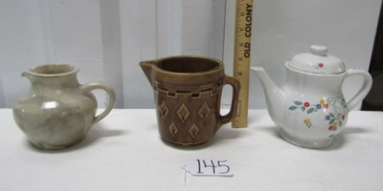 Vtg Spun Pottery Milk Pitcher Signed J V; Stoneware Milk Pitcher And A Porcelain Teapot