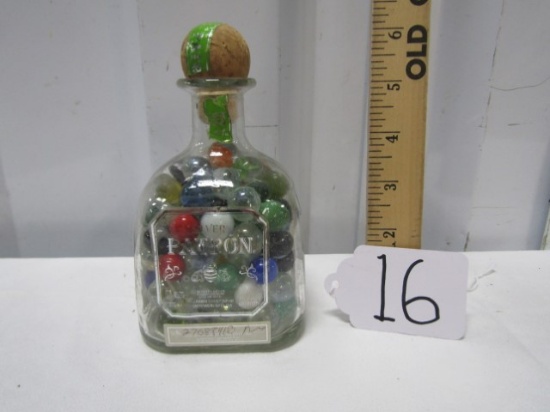 375 Ml Silver Patron Tequila Bottle Filled W/ Vtg Marbles