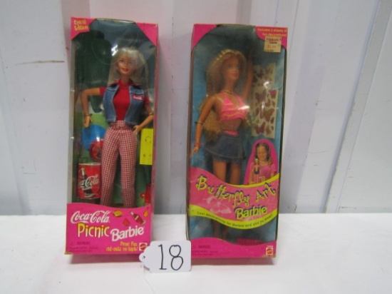 2 Vtg N I B Barbies: 1997 Coca Cola Picnic Barbie And 1998 Butterfly Art Barbie