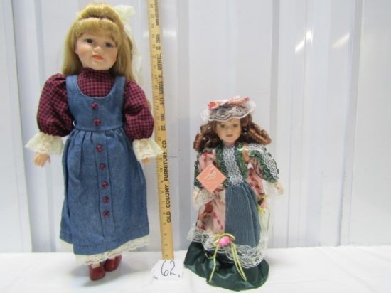 2 Vtg Porcelain Dolls W/ Stands