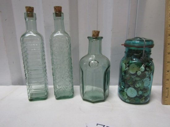 3 Decorative Green Cork Top Kitchen Bottles A Vtg Ball Ideal Green Jar Filled
