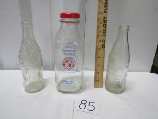 Vtg Homestead Creamery Quart Milk Bottle, Vtg 10 Oz Coke Bottle And Pepsi