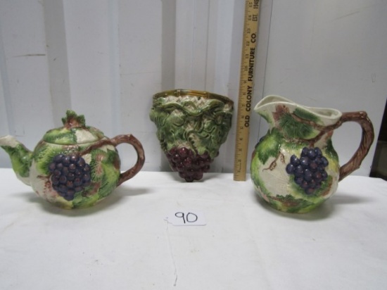 Matching Vtg Ceramic Teapot, Wall Pocket And Pitcher