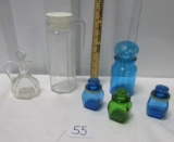Glass Lot: Cruet, Pitcher And 4 Colored Bottles
