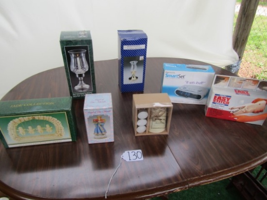 N I B Lot: Silver Plated And Brass Plated Candle Holders; Jade Swing Figurine;