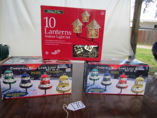 N I B Christmas Lughts: 2 Sets Of 4 Christmas Bell Lawn Lights And Box Of