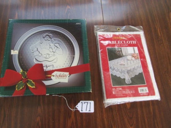 N I B 13" Christmas Platter And N I B Christmas P V C Crochet Tablecloth