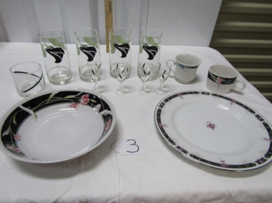 Set Of 4 Glasses, 4 Liqueur Demi Tasse Glasses, Bowl, Dinner Plate, Cups And