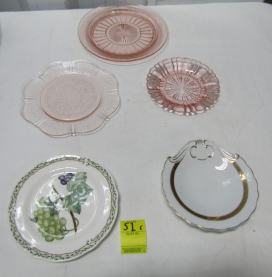 3 Vtg Pink Depression Glass Snack Plates, 1 Noritake And A Porcelain Mint Dish