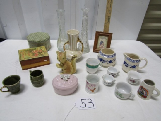 Miscellaneous Vases, Miniature Cups, Trinket Box, Tin, Etc