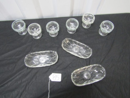 6 Vtg Sundae Glass Cups And 3 Banana Split Glass Boats