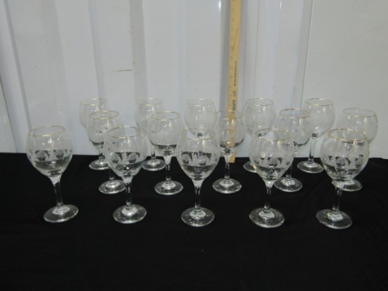 Set Of 15 Crystal Stemware Goblets W/ Silver Overlay Snow Scene And Gold Rims
