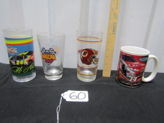 3 Sports Themed Glasses And 1 Mug
