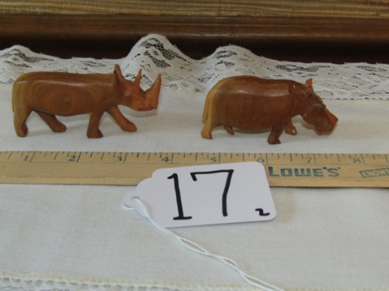 Hand Carved African Rhinoceros And Hippopotamus