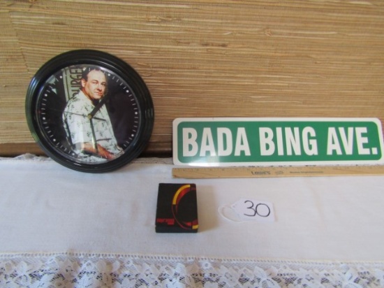 Sopranos Lot: Quartz Wall Clock; Bada Bing Ave. Metal Street Sign And