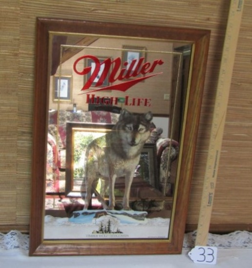 Vtg Mirrored Miller High Life Sign Featuring A Timber Wolf (LOCAL PICK UP ONLY)