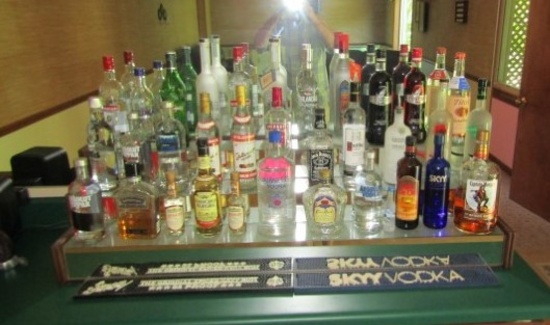 Very Nice 3 Tiered Lighted Glass And Wood Mirrored Bar Bottle Holder (LOCAL PICK UP ONLY)