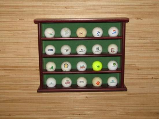 Wood Rack Containing 20 Different Advertising On Golf Balls
