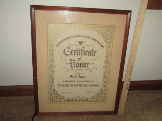 Antique 1919 Framed Certificate Of Honor For 25 Years Of Service To I B M And Signed